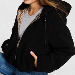 Pink/VS Black Hooded Fleece Jacket with Leopard Lining